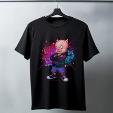 Zenvia Porky Pig Graffiti Baskılı Unisex Siyah Oversize Tişört - 24/1 Penye