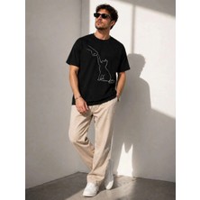 Zenvia Erkek Minimal Kedi Çizim Baskılı Tişört Kısa Kol Yazlık T-Shirt - Siyah