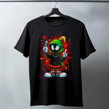 Zenvia Marvin The Martian Graffiti Baskılı Unisex Siyah Tişört - 24/1 Penye Pamuklu