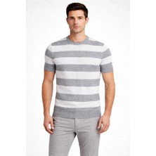 Zenvia Erkek T-Shirt Çizgili Kısa Kol Yazlık Triko Dokuma Bisiklet Yaka Tişört - Gri