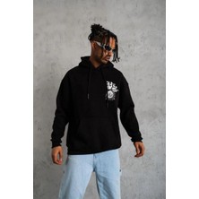 Zenvia Erkek 3 Iplik Pamuklu Kapüşonlu Baskılı Cepli Oversize Sweatshirt Hoodie - Siyah