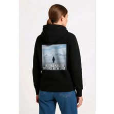Zenvia Kadın 3 Iplik Pamuklu Kapüşonlu Hoodie Sweatshirt Survivor Penguen Baskılı - Siyah