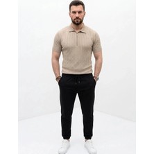 Zenvia Erkek Yazlık Triko Saç Örgü Tişört Kısa Kol Polo Yaka Fermuarlı T-Shirt - Bej