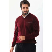Zenvia Erkek V Yaka Kazak Baskılı Dokuma Triko - Bordo