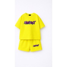 Fasardi Manifest Girls Logo Baskılı Oversize %100 Pamuk Tişört Şort 2li Çocuk Takım
