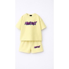 Fasardi Manifest Girls Logo Baskılı Oversize %100 Pamuk Tişört Şort 2li Çocuk Takım