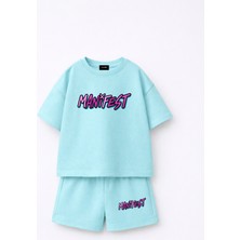 Fasardi Manifest Girls Logo Baskılı Oversize %100 Pamuk Tişört Şort 2li Çocuk Takım