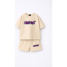 Fasardi Manifest Girls Logo Baskılı Oversize %100 Pamuk Tişört Şort 2li Çocuk Takım