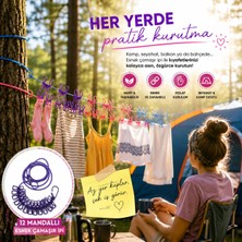 Taşınabilir  180 Cm Kancalı Çamaşır Asma Kurutma İpi 12 Mandallı Halat  Klipsli Ayarlanabilir Bahçeler, Kamp ve Seyahat Için 