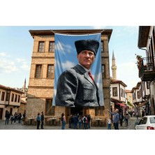 Punto Dizayn Kalpaklı Atatürk Portresi Poster Bayrak Premium Raşel Kumaş ATA81