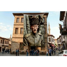 Punto Dizayn Kalpaklı Üniformalı Atatürk Poster Bayrak Premium Raşel Kumaş ATA54
