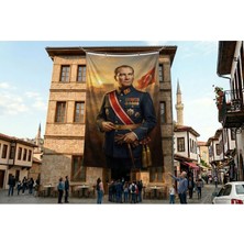 Punto Dizayn Askeri Üniformalı Atatürk Portresi Poster Bayrak Premium Raşel Kumaş ATA75