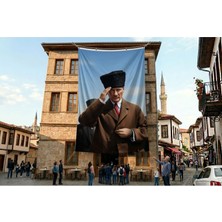Punto Dizayn Selam Veren Atatürk Portresi Poster Bayrak Premium Raşel Kumaş ATA85