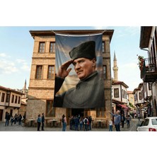 Punto Dizayn Selam Veren Ulu Önder Gazi Mustafa Kemal Atatürk Poster Bayrak Premium Raşel Kumaş ATA63