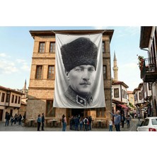 Punto Dizayn Siyah Beyaz Kalpaklı Atatürk Portresi Poster Bayrak Premium Raşel Kumaş ATA30