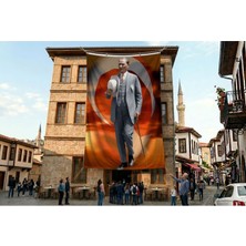 Punto Dizayn Atatürk Baston ve Fotor Şapkasiyla Poster Bayrak Premium Raşel Kumaş ATA74