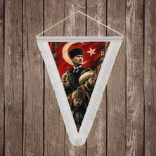 Punto Dizayn Türk Liderleri- Atatürk-Fsm-Alpaslan ve Mete Han Beyaz Saçaklı Üçgen Flama Bayrak Hatıra Flama