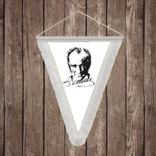 Punto Dizayn Siyah - Beyaz Mustafa Kemal Atatürk Silüeti ve Imza Beyaz Saçaklı Üçgen Flama Bayrak Hatıra Flama ATA28