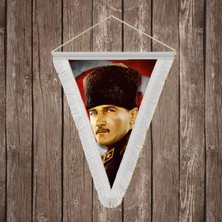 Punto Dizayn Mavi Gözlü Kalpaklı Gazi Mustafa Kemal Atatürk Ay Yıldız Poster Beyaz Saçaklı Üçgen Flama Bayrak Hatıra Flama ATA37