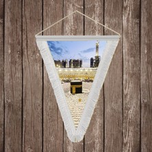 Punto Dizayn Mekke Kabe Manzarası Beyaz Saçaklı Üçgen Flama Bayrak Hatıra Flama