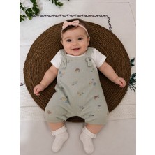 Tuem Baby Kız Bebek Deniz Canlıları Desenli Fitilli Mint Yeşilli Salopet Tulum ve Tişört 2'li Takım