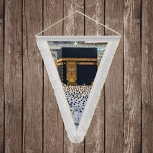 Punto Dizayn Kabe-I Şerif Görseli Beyaz Saçaklı Üçgen Flama Bayrak Hatıra Flama