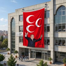 Punto Dizayn Kırmızı üç Hilal Önünde Alparslan Türkeş 140gr Premium Raşel Kumaş Bayrak 6x9 Metre