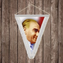 Punto Dizayn Yan Portre Atatürk Beyaz Saçaklı Üçgen Flama Bayrak Hatıra Flama ATA45