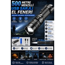 Rabelix 500 Metre Menzilli USB Şarjlı El Feneri Zoomlu Ip6 Su Geçirmez 18650 Bataryalı Güçlü LED El Feneri