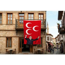 Punto Dizayn Kırmızı üç Hilal Önünde Alparslan Türkeş 140gr Premium Raşel Kumaş Bayrak 300x450 Cm