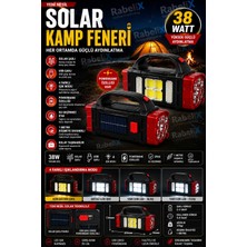 Rabelix Güneş Enerjili  Şarjlı 38W Aydınlatma Cihazı 4 Mod Kamp El Feneri Masa Lambası Işıldak Kamp Lambası