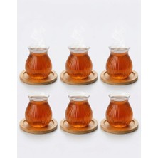 Hüco Bazaar 6'lı Çok Şık Borosilikat Bambu Bardak Altlıklı Çay Tabaklı Çay Bardak Takımı Seti (160 Ml)