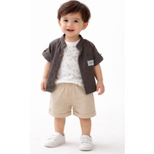 Simya Bebe - 3'lü Takım. Keten Gömlek, Desenli Kolsuz Penye Tşört ve Keten Şort Pantolon - Erkek