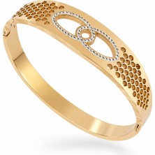 Serelya 316L Çelik Gold Renk Zirkon Taşlı Kadın Kelepçe Bilezik