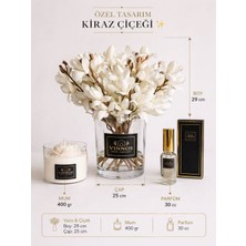 Vinnos Home & Concept Kiraz Çiçei Aranjmanı - Cam Vazo, 400 gr Mum & 30 ml Parfüm Seti