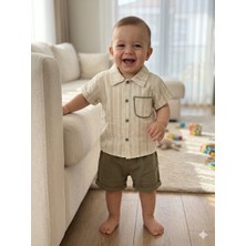 Simya Bebe - 2'li Takım. Cepli, Çizgili Keten Gömlek ve Şort Pantolon - Erkek