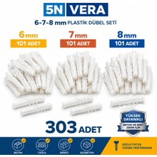 5n Vera 303 Adet Plastik Dübel Seti | 6 mm + 7 mm + 8 mm Karışık Dübel Paketi | Beton, Tuğla, Briket ve Gazbeton Uyumlu
