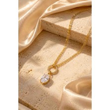 Stainless Steel Gold Renk Oval Zirkon Taşlı Halka Detaylı Kadın Kolye