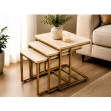 3’lü Tekerlekli Zigon Sehpa Eskitme Gold Traverten Desenli Melamin Kaplama Gold Metal Ayaklı Modern Salon Sehpası
