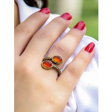 Esha Store Doğal Taş Akik Oval Ikili Doğal Taşlı Antik Model Kadın Ayarlanabillir Yüzük EUY75A