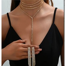Choker Sallantılı Küpeli Şık Tasarım Abiye Set Gerdanlık Takım