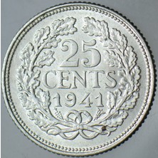 Banknoting Hollanda 25 Cent 1941 Gümüş 3,57 Gr. Iı. Dünya Savaşı-Kraliçe Wilhelmina Dönemi. Çilaltı+