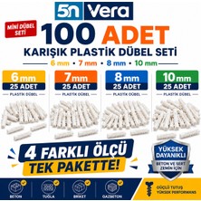 5n Vera Karışık Plastik Dübel Seti 100 Adet | 6 Mm, 7 Mm, 8 Mm, 10 mm | Beton, Tuğla, Briket ve Gazbeton Uyumlu