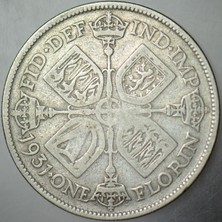 Banknoting Birleşik Krallık 1 Florin 1931 Gümüş. Kral 5. George Dönemi. 10,9 gr 28,5 Mm. Ingiltere.