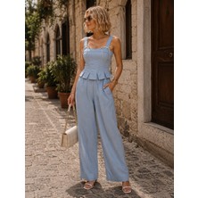 İbeeka Ibeeka- Keten Bebe Mavisi Casul Chic Bluz - Pantolon Bluz Alt Üst Takım