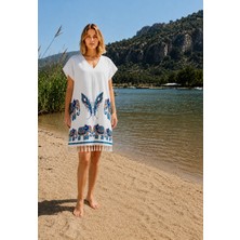 Pırlanta Textile Plaj Elbisesi Bambu Peştemal Filli Desen Beyaz Renk