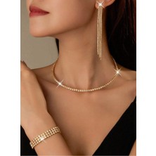 Kadın Gold Tasarım Şık Zirkon Taşlı Su Yolu Tek Sıra Kolye 3 Sıra Bileklik ve Küpe Takım Seti
