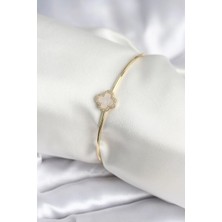 Renas Store Beyaz Sedefli Yonca Model Gold Renk Kadın Bileklik