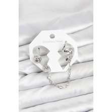 Renas Store Pirinç Gümüş Renk Yılan Model Zincir Bağlantılı Ear Cuff Küpe Seti