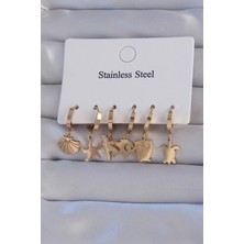 Renas Store 316L Çelik Gold Renk Zirkon Taşlı Hayvan Figürlü Deniz Yıldızı Model Halka Küpe Seti